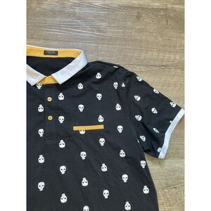 Coofandy Mens Skull Print Polo Shirt Black Yellow Large Short Sleeve Goth Casual